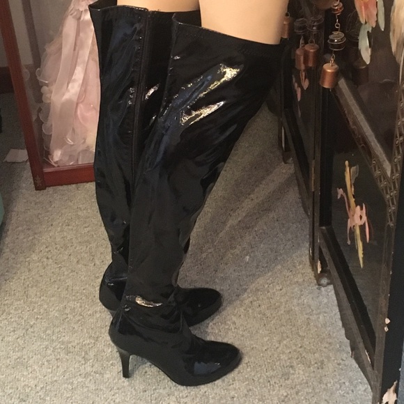 Bewitching Sexy Black Thigh High Patent Vinyl High Heel Boots Spirit Halloween - Picture 3 of 16